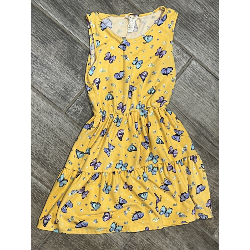 Girls Yellow Butterfly Print Sleeveless Dress Casual Summer Tiered Kids‎ Size 6